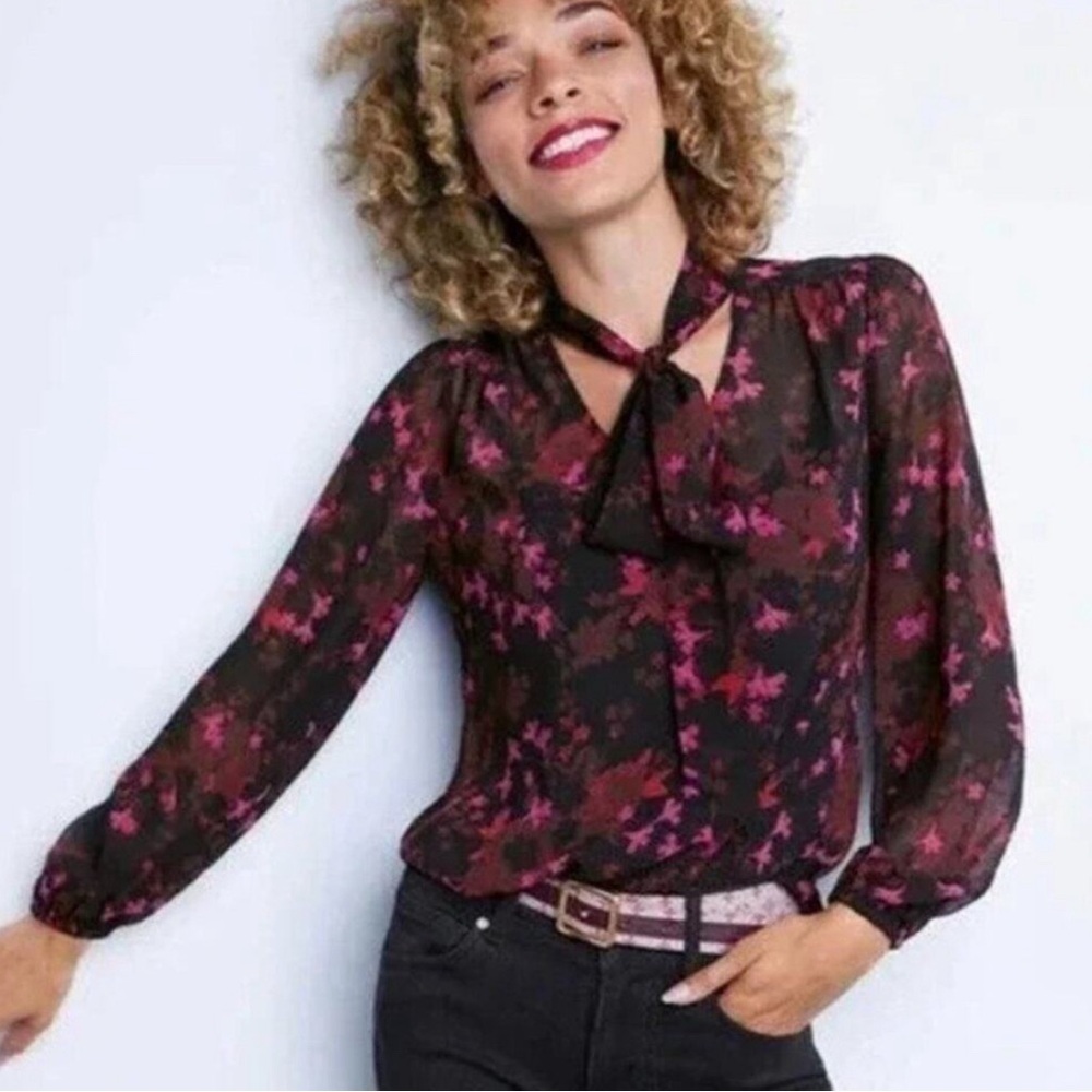 Cabi Candlelight Sheer Black Pink Floral Mock Neck Tie Pop Over Sz S
